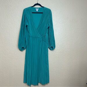 H&M Teal Pleated Wrap Midi Dress